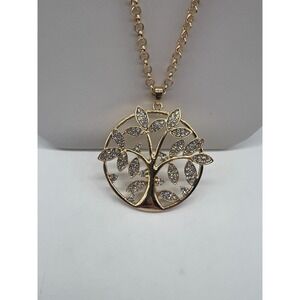 Tree of Life Gold Tone Clear Rhinestone Shimmery pendant Necklace Layering